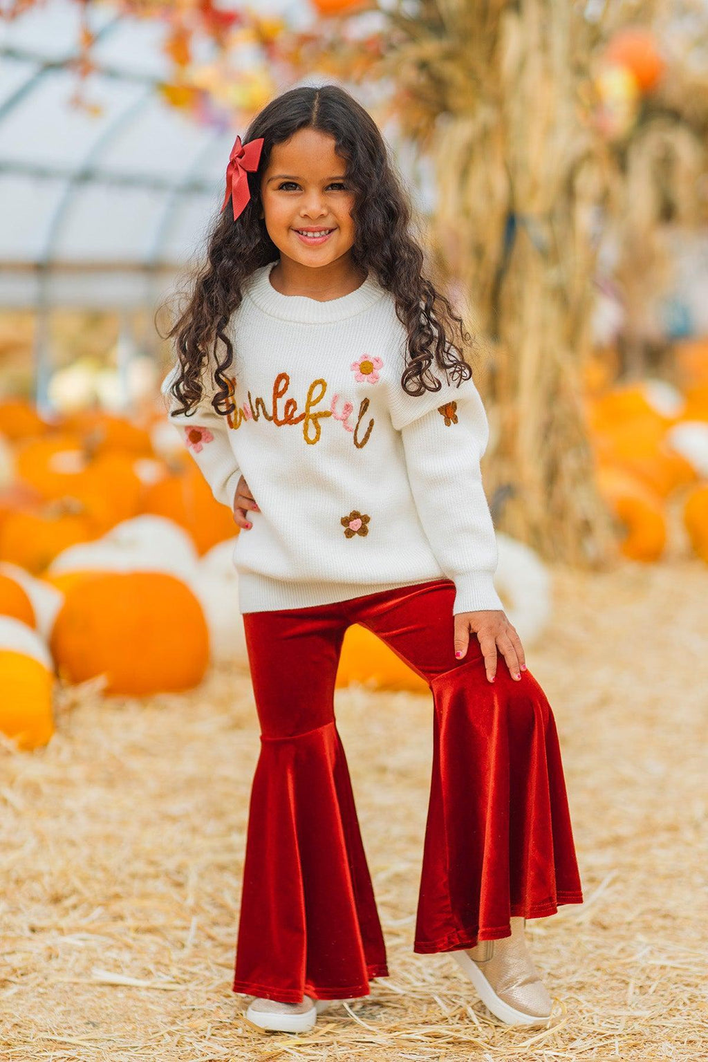 "Thankful" Knit Sweater Velvet Bell Bottom Set | Sparkle in Pink