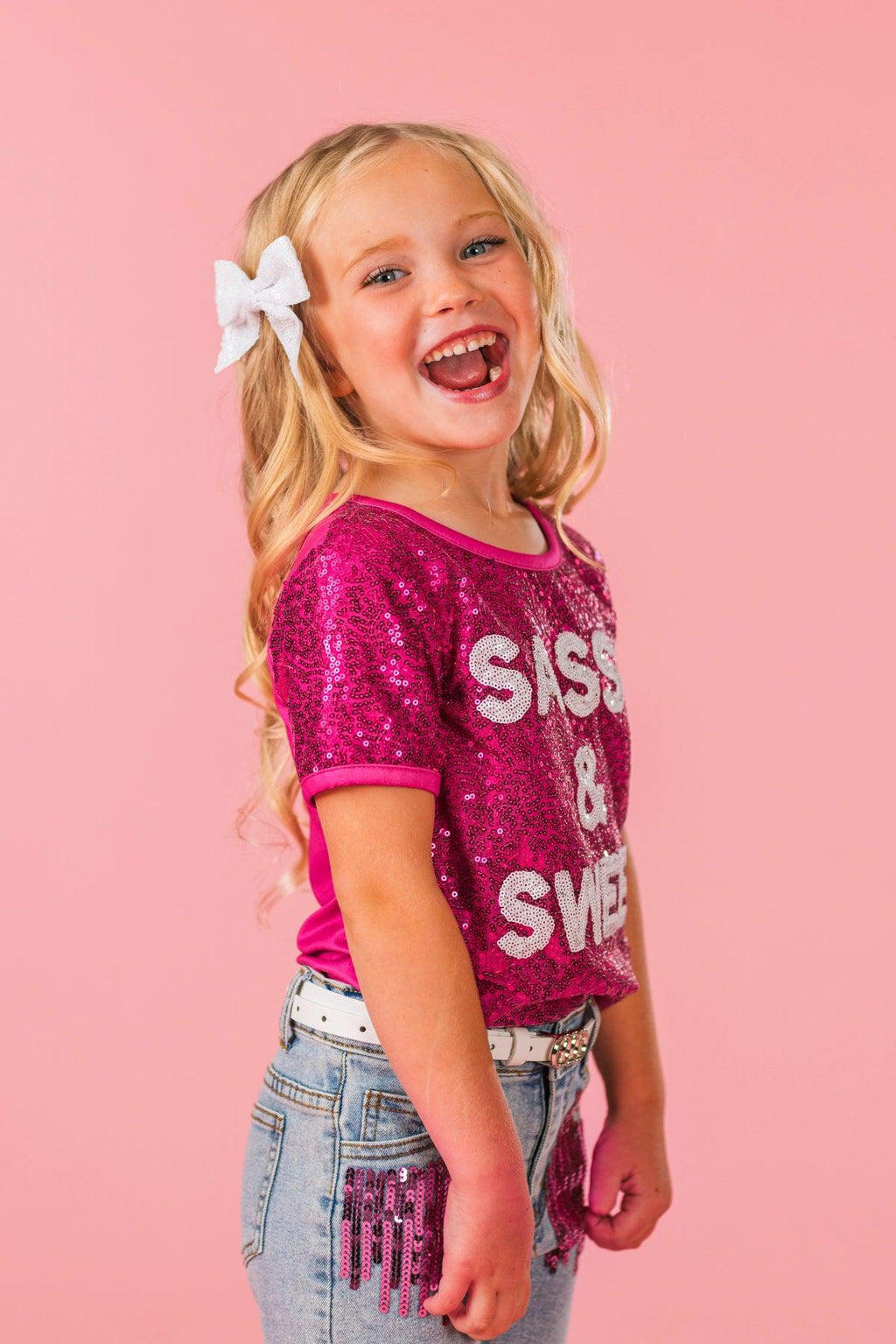 "Sassy & Sweet" Pink Sequin Denim Short Set | Sparkle in Pink