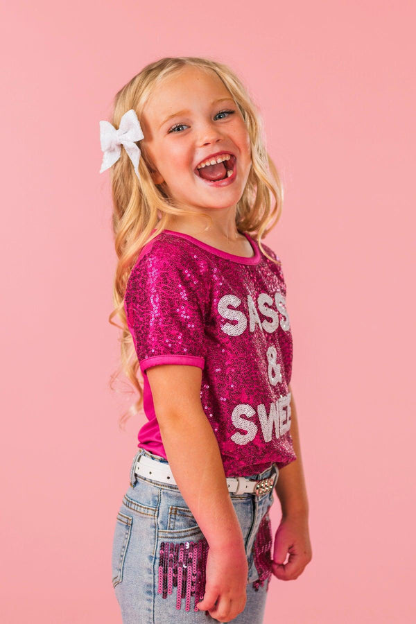 "Sassy & Sweet" Pink Sequin Denim Short Set | Sparkle in Pink