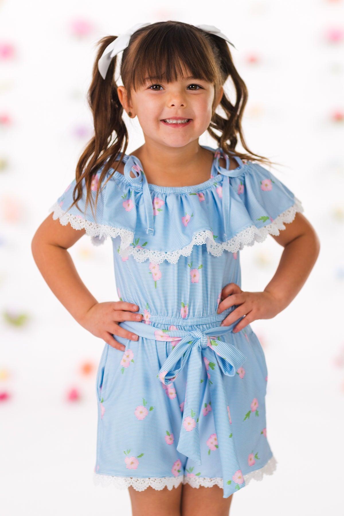 Blue Striped Floral Romper | Girls' Spring & Summer Clothing – Sparkle ...