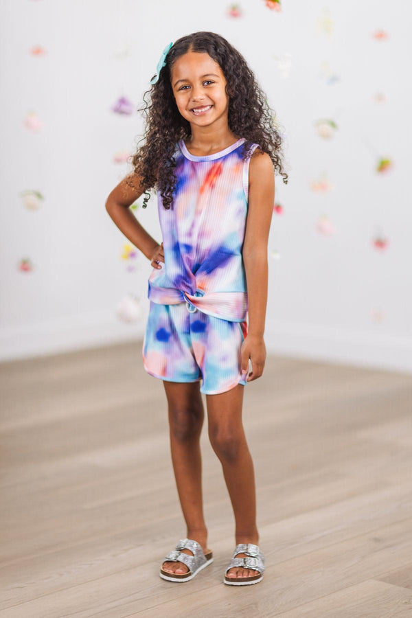 Purple Sunset Tie Dye Knotted Tank Top Short Set | Sparkle in Pink