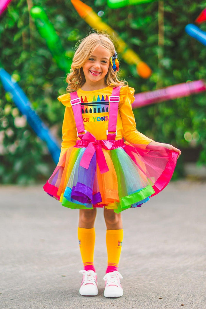 "Crayons" Tutu Suspender Skirt Costume Set - 3XS-6-12 Months - Rainbow tutu suspender skirt with colorful crayon print top and yellow long sleeves.