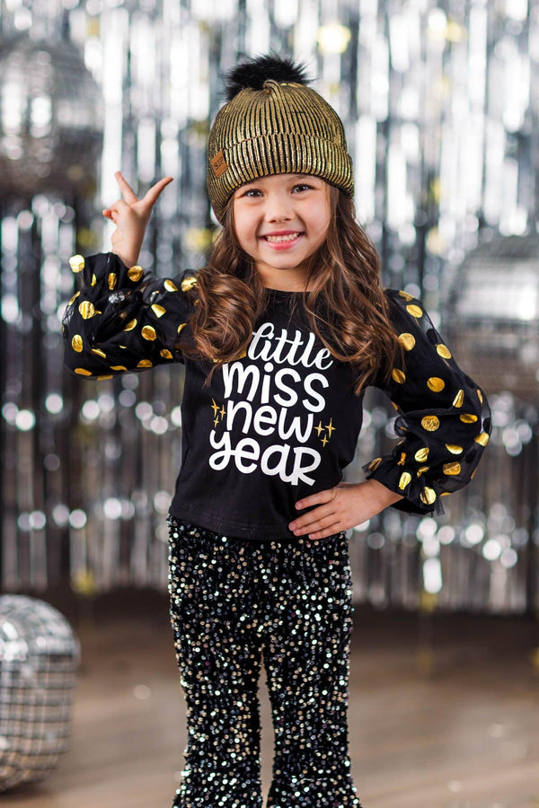 "Little Miss New Year" Black Puff Sleeve Top
