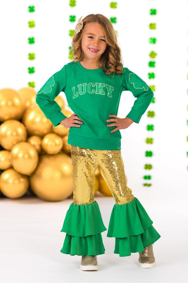 "Lucky" Gold Sequin Bell Bottom Set | Sparkle in Pink