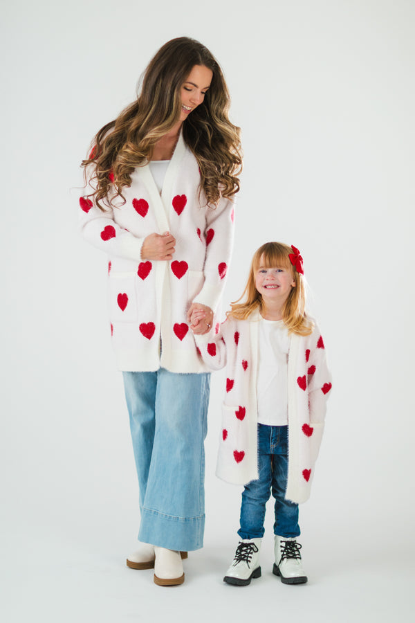 Mom & Me - White & Red Heart Cardigan