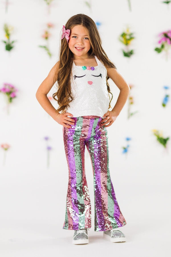 White Sequin Bunny Striped Flare Set | Sparkle in Pink