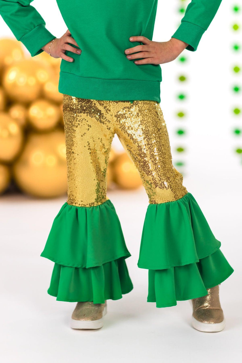 "Lucky" Gold Sequin Bell Bottom Set | Sparkle in Pink