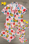 Mom & Me - School Supplies Waffle Knit Pajamas - CHILD-3T - Pink waffle knit pajamas with colorful school supply prints, featuring button-up tops and pants in adult and child sizes.