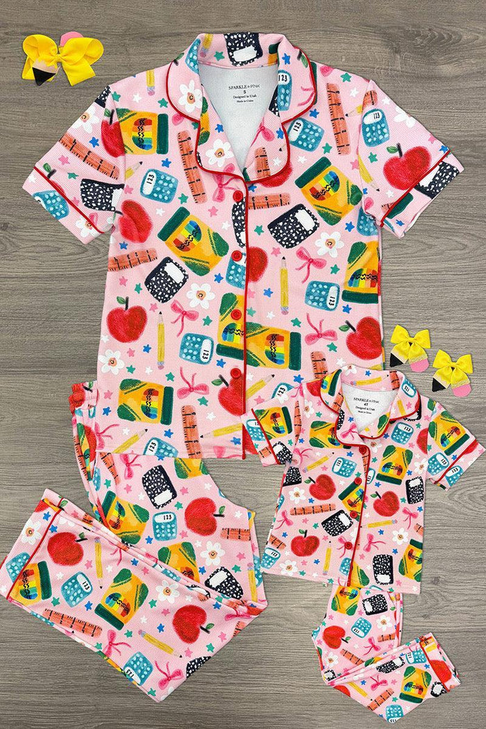 Mom & Me - School Supplies Waffle Knit Pajamas - CHILD-3T - Pink waffle knit pajamas with colorful school supply prints, featuring button-up tops and pants in adult and child sizes.