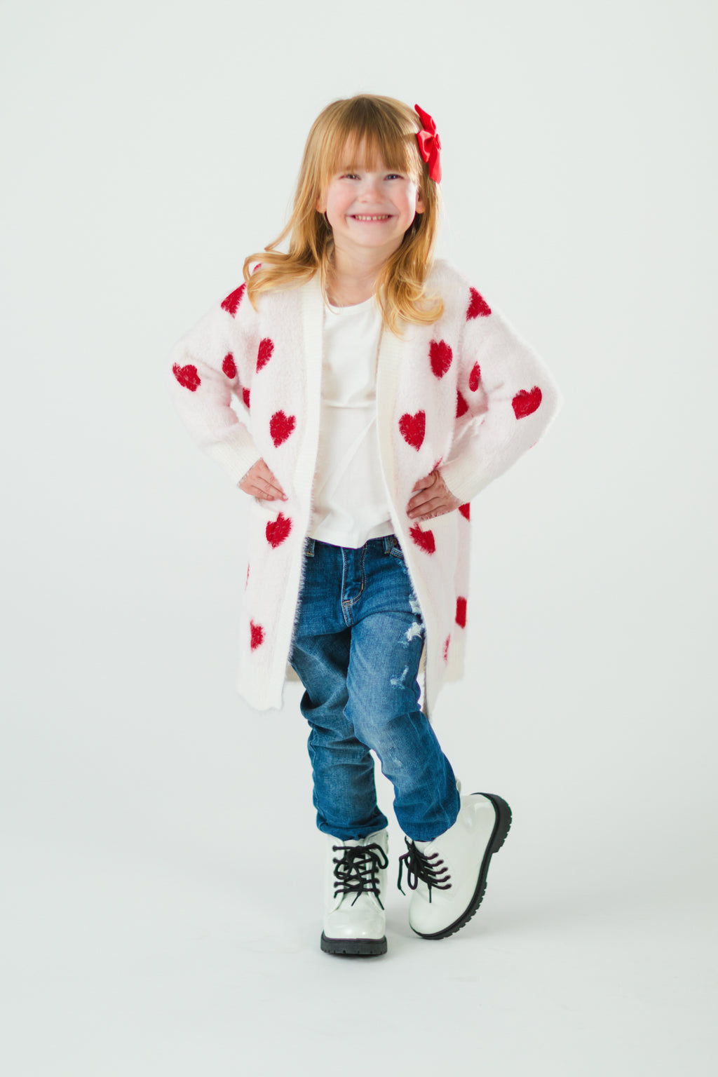 Mom & Me - White & Red Heart Cardigan