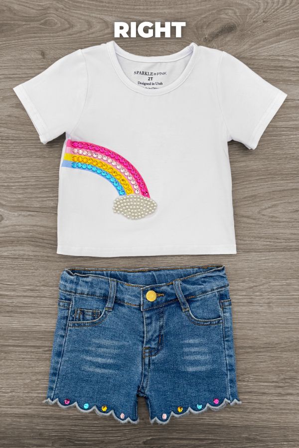 Gemstone Rainbow Denim Short Set - Left Side / 6-12 Months - White short-sleeve t-shirt with sequin rainbow and blue denim shorts with scalloped rainbow-edge hem.