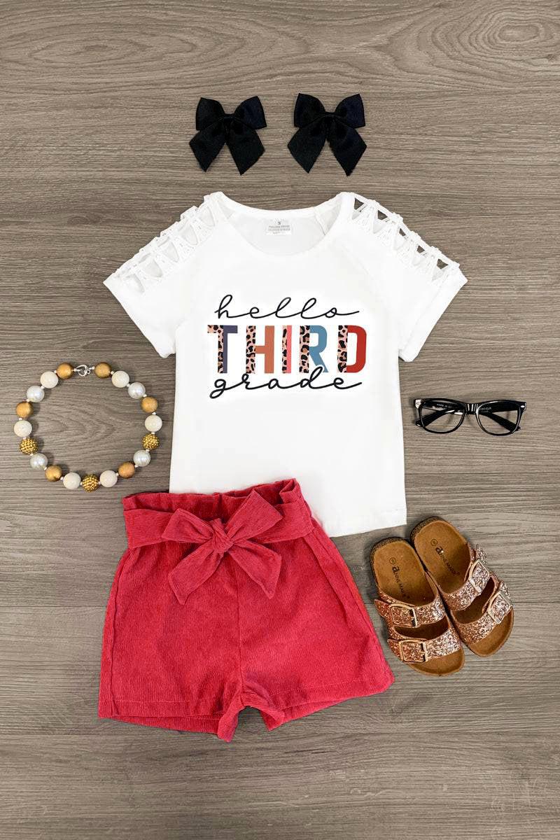 "Hello Pre-K - 6th Grade" Corduroy Short Set | Sparkle in Pink