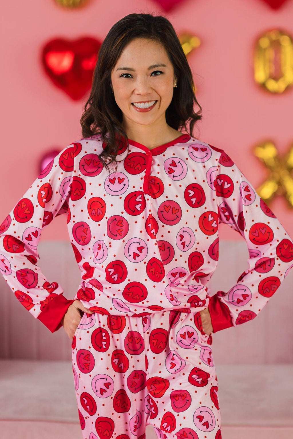 Mom & Me - Pink & Red Smiley Heart Pajamas
