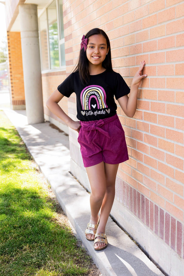 "Preschool - Sixth Grade" Plum Corduroy Short Set | Sparkle in Pink