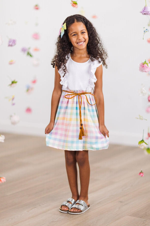 White Pastel Rainbow Plaid Dress | Sparkle in Pink