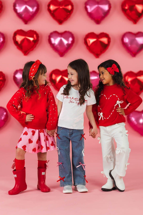 Red Pearl Sweater Hearts Skirt Set | Sparkle in Pink