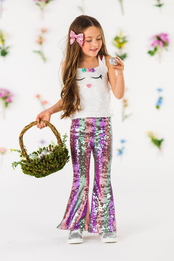 White Sequin Bunny Striped Flare Set | Sparkle in Pink