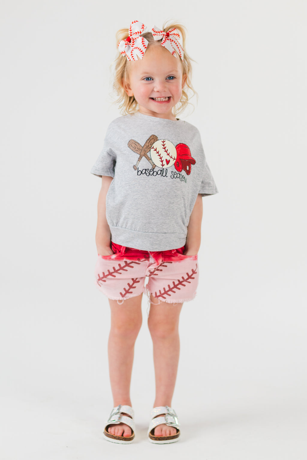 "Baseball Season" Gray & Red Ombre Denim Short Set | Sparkle in Pink