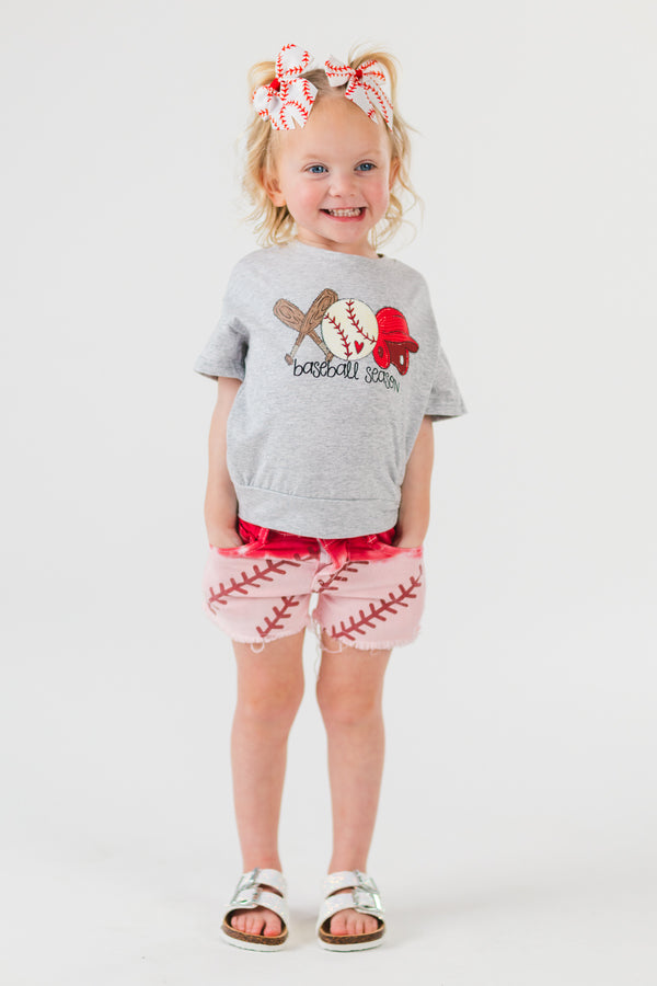 "Baseball Season" Gray & Red Ombre Denim Short Set | Sparkle in Pink