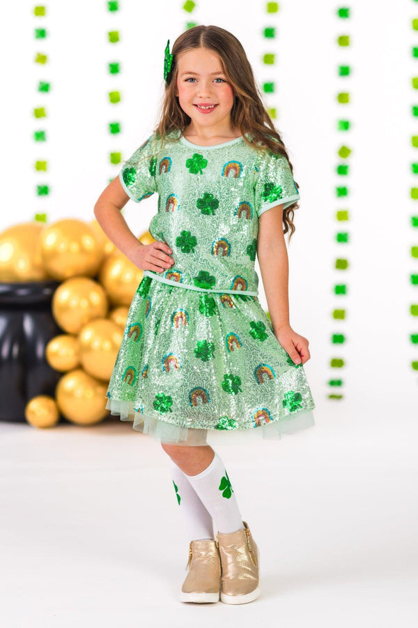 Rainbow & Shamrock Sequin Skirt Set | Sparkle in Pink