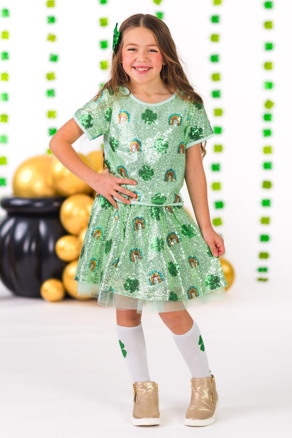 Rainbow & Shamrock Sequin Skirt Set | Sparkle in Pink