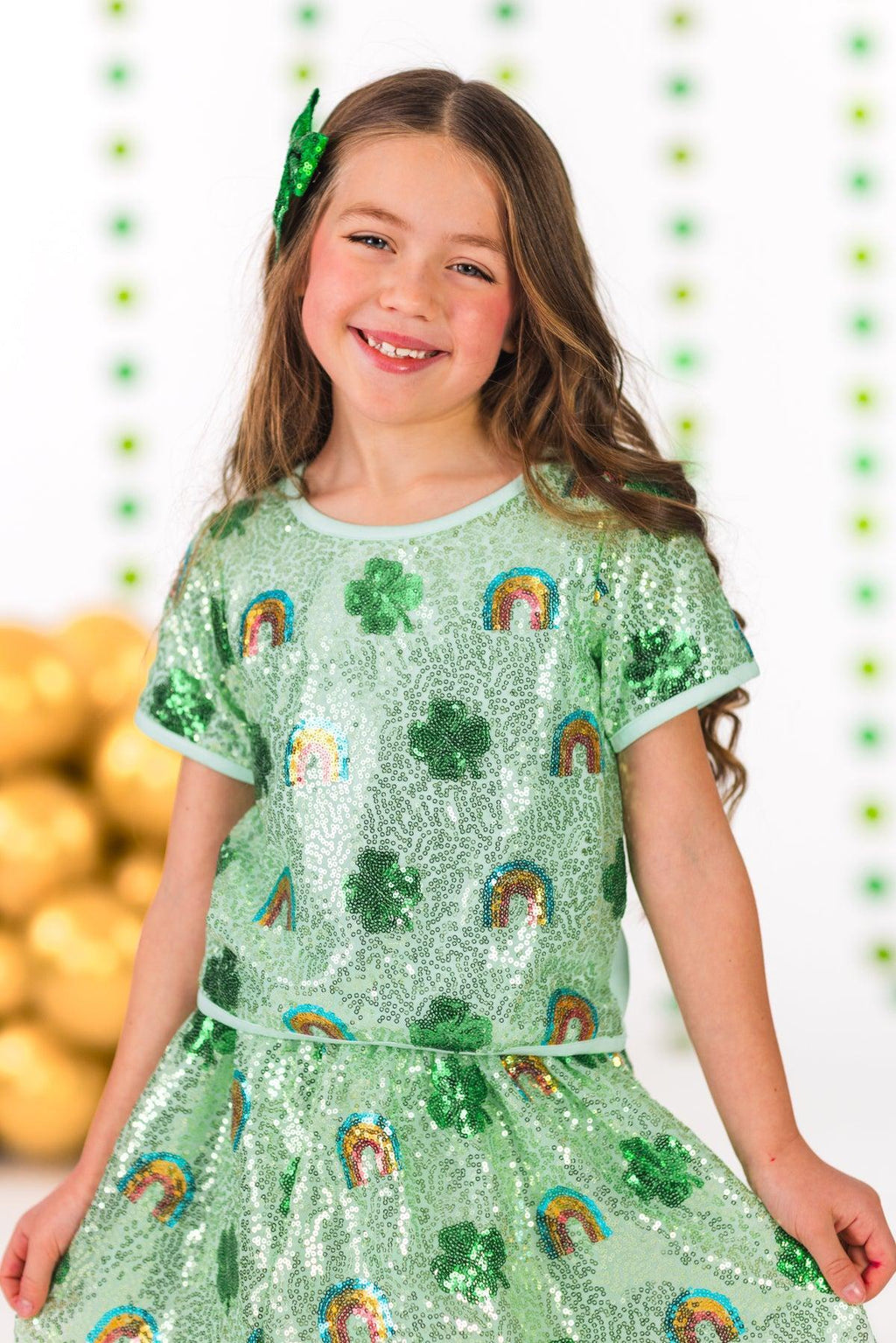 Rainbow & Shamrock Sequin Skirt Set | Sparkle in Pink