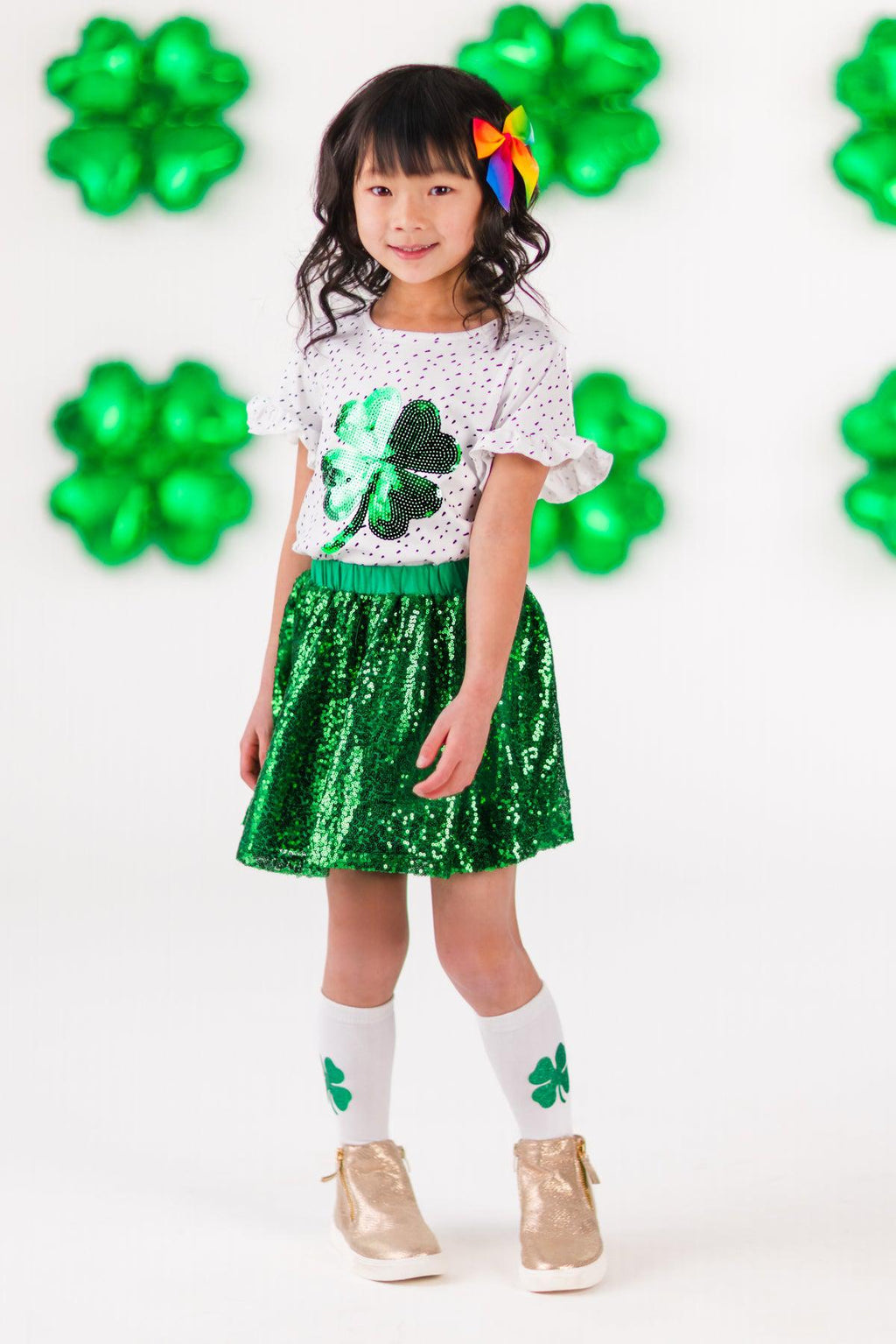 Green Sequin Shamrock Skirt Set | Sparkle in Pink