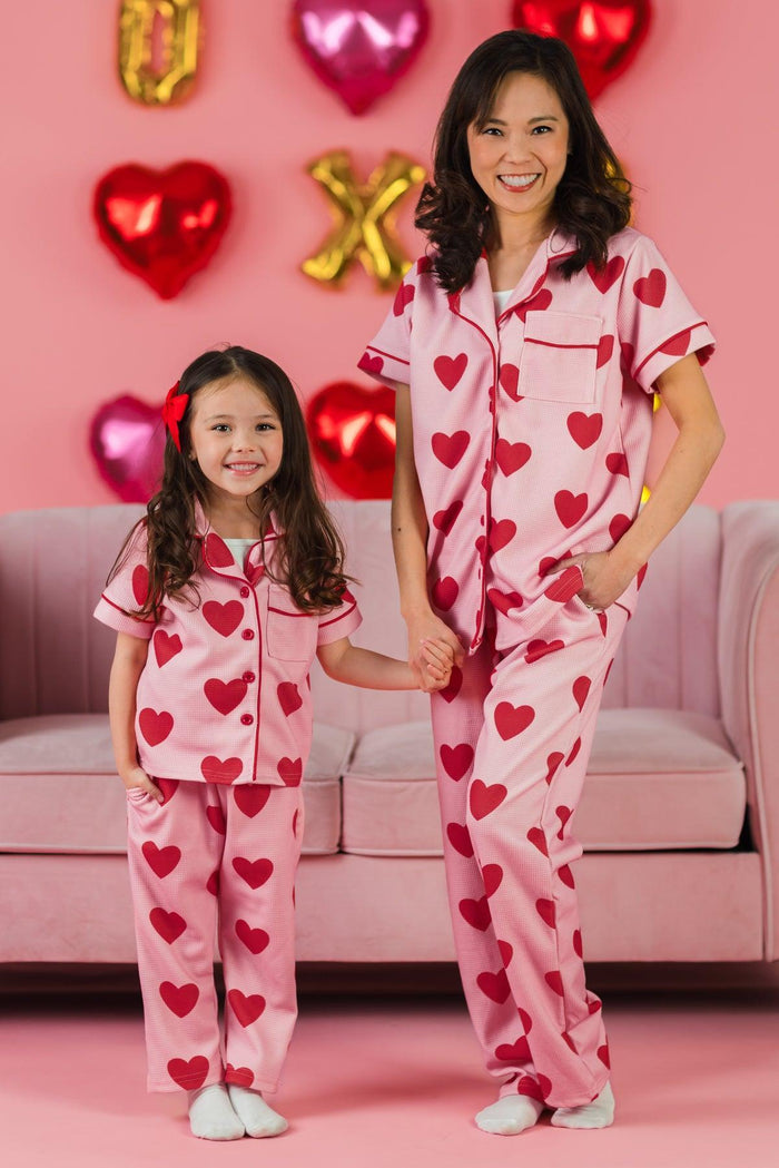 Mom & Me - Pink Heart Waffle Knit Pajamas - BABY-Newborn - Matching pink waffle knit pajamas with large red hearts, short sleeves on adult set, long sleeves on child set.