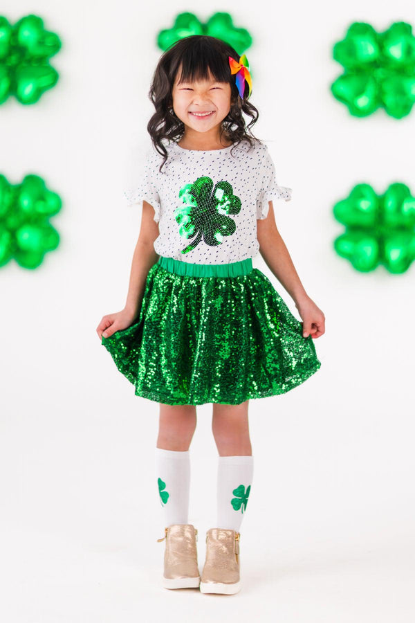 Green Sequin Shamrock Skirt Set | Sparkle in Pink