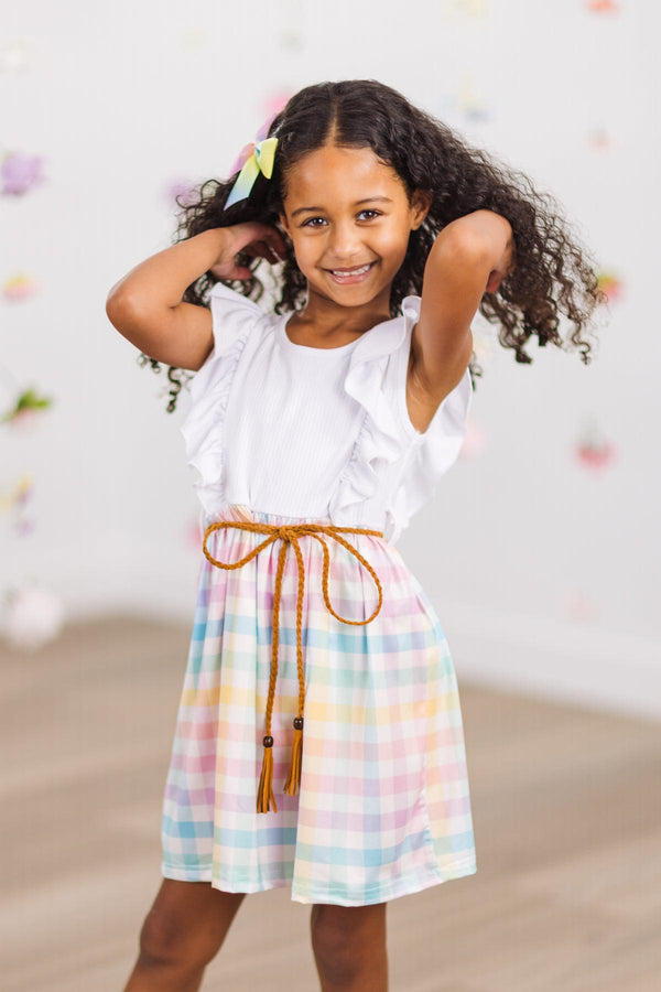 White Pastel Rainbow Plaid Dress | Sparkle in Pink