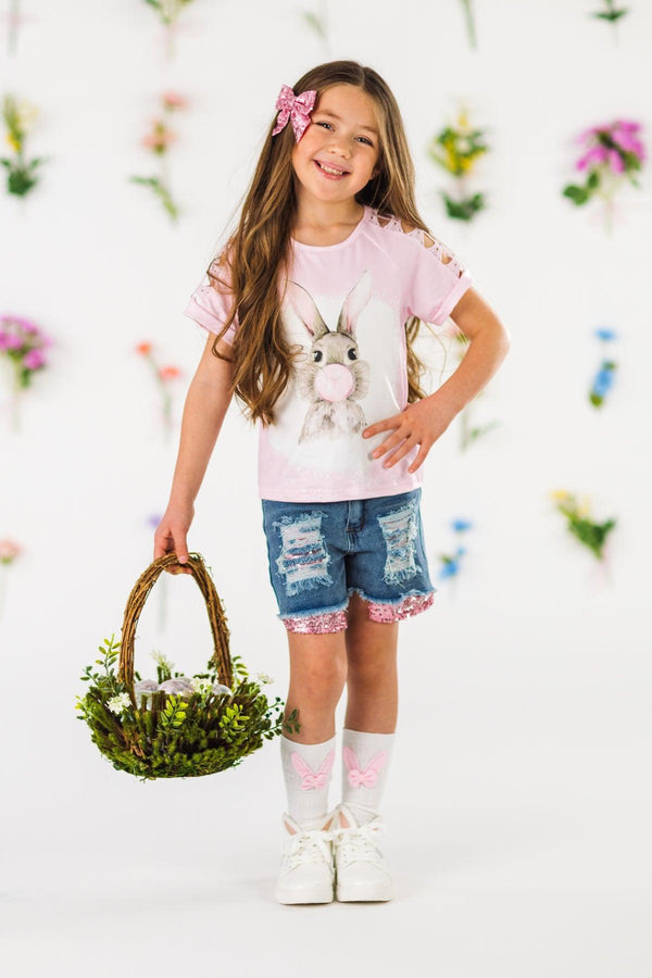 Bubblegum Bunny Distressed Denim Short Set | Sparkle in Pink