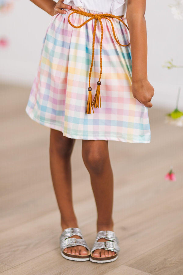 White Pastel Rainbow Plaid Dress | Sparkle in Pink