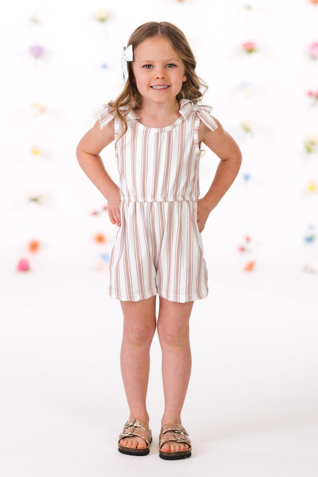 Tan Striped Romper | Sparkle in Pink
