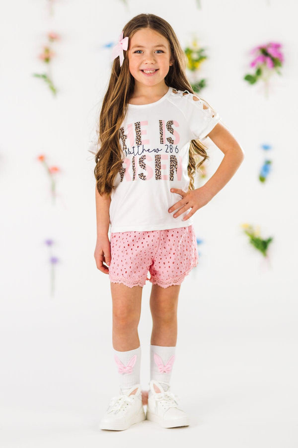 "He Is Risen" White & Pink Short Set | Sparkle in Pink