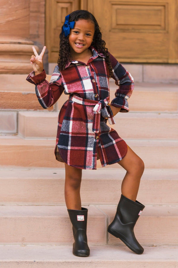 Burgundy & Navy Plaid Flannel Dress | Sparkle in Pink