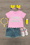 "Pre-K - Sixth Grade" Pink Pearl Denim Short Set - PRE-K / 2T - Pink short-sleeve scalloped hem t-shirt with "Third Grade" text, paired with blue denim shorts featuring small white polka.