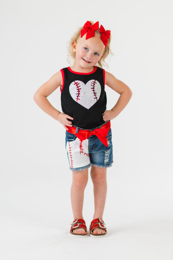 Sequin Baseball Heart Denim Short Set | Sparkle in Pink