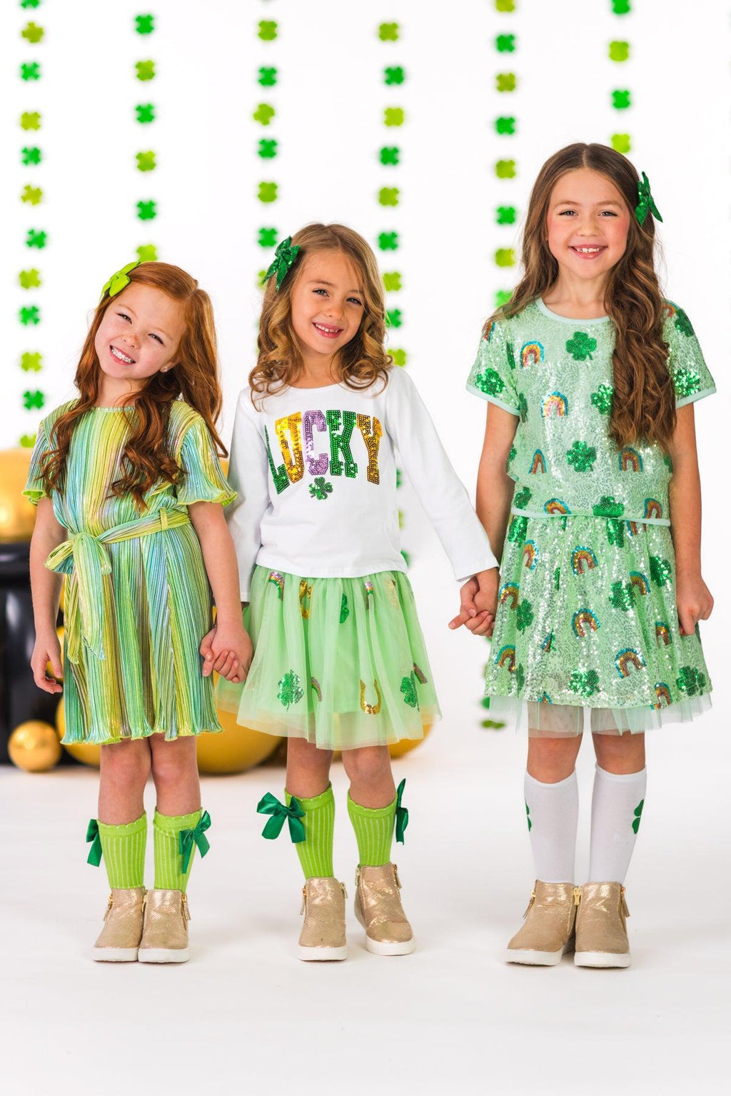 Rainbow & Shamrock Sequin Skirt Set | Sparkle in Pink