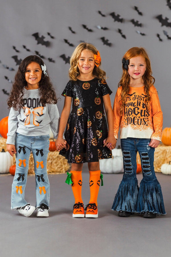 "Spooky" Bow Flare Denim Pant Set | Sparkle in Pink