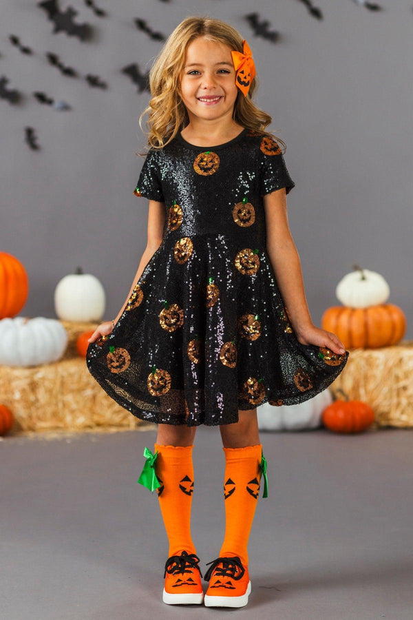 Black Sequin Jack-O'-Lantern Dress | Girls' Halloween Clothing Sparkle In Pink Black Sequin Jack-O'-Lantern Dress | Girls' Halloween Clothing Sparkle In Pink