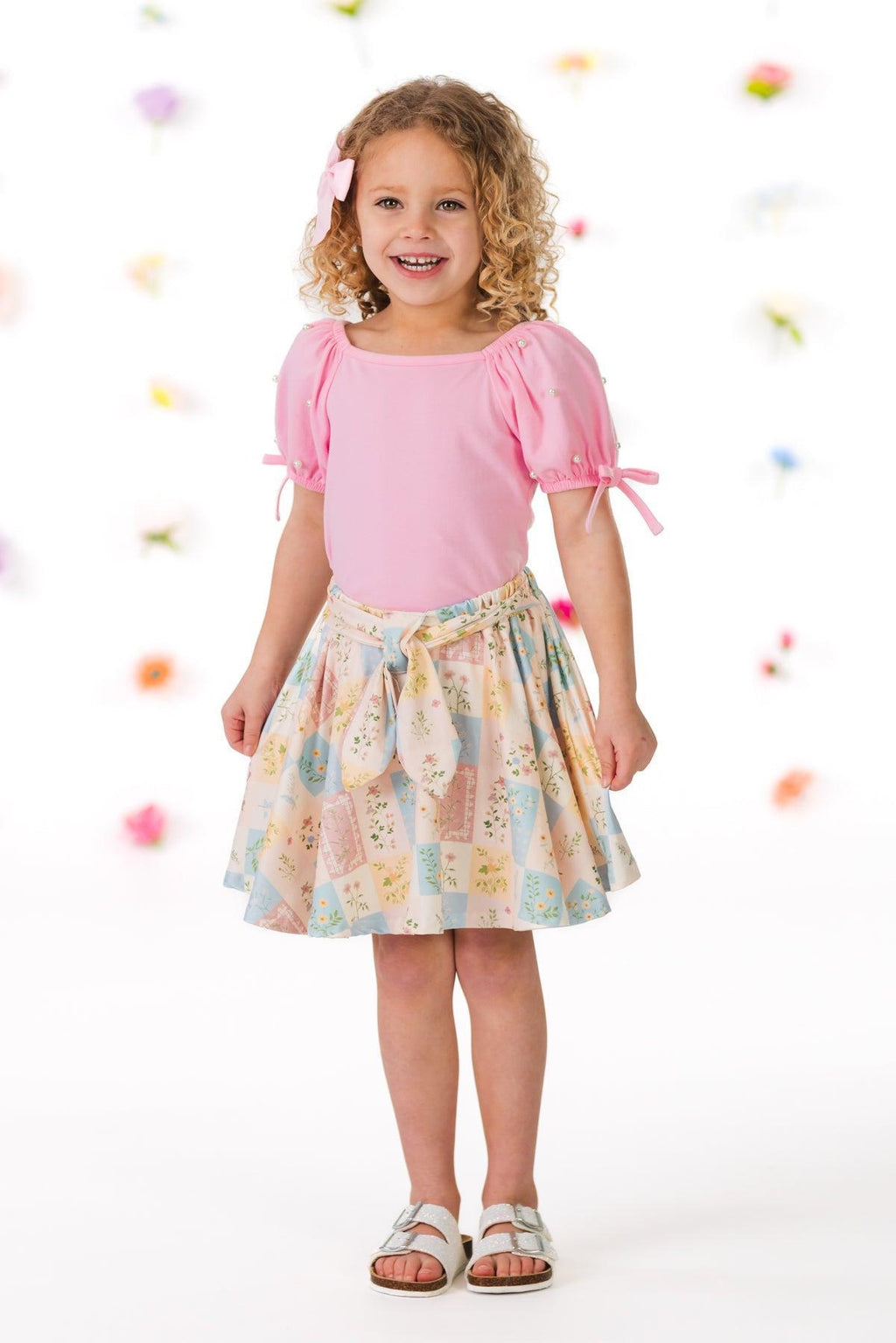 Pastel Floral Checkered Skirt Set | Sparkle in Pink