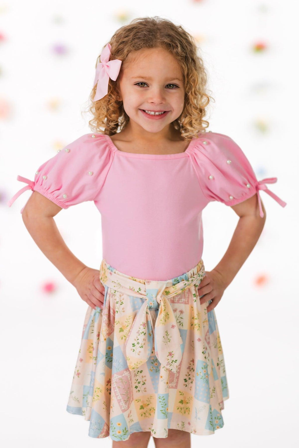 Pastel Floral Checkered Skirt Set | Sparkle in Pink