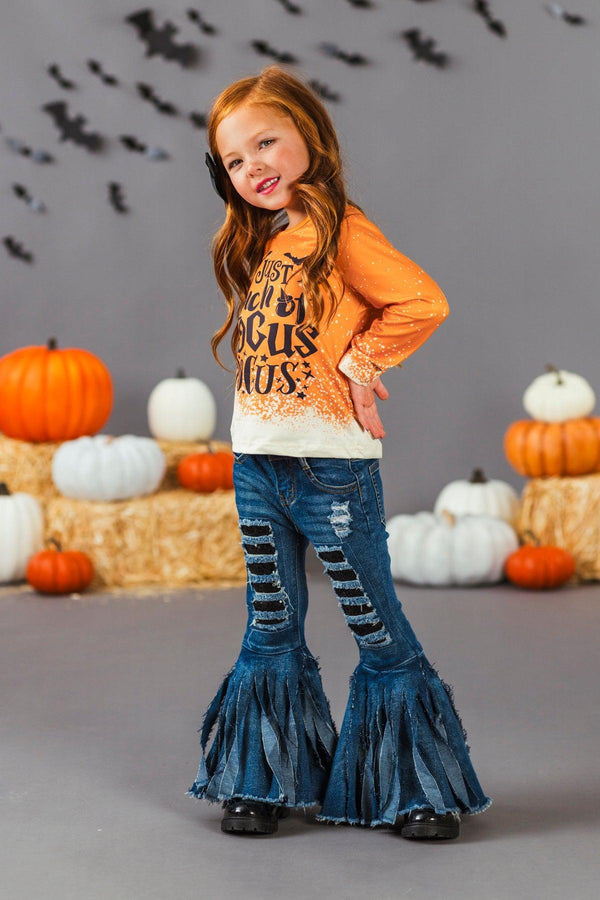 "It's Just A Bunch Of Hocus Pocus" Orange Denim Bell Bottom Set | Sparkle in Pink