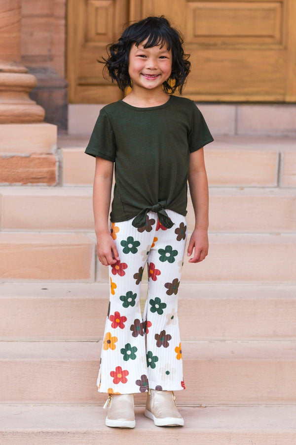 Olive Green Ribbed Flower Bell Bottom Set
