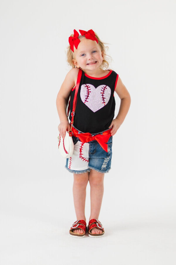 Sequin Baseball Heart Denim Short Set | Sparkle in Pink