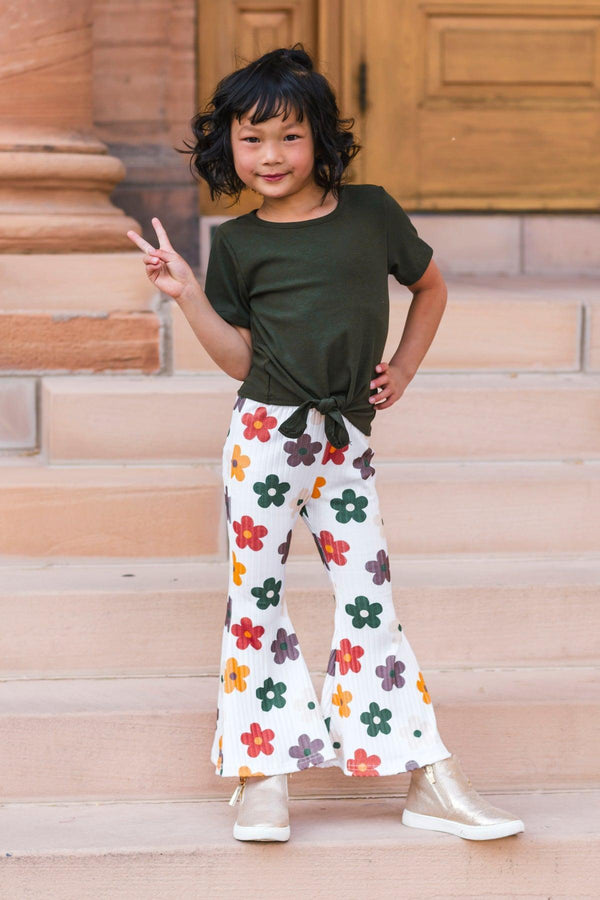 Olive Green Ribbed Flower Bell Bottom Set