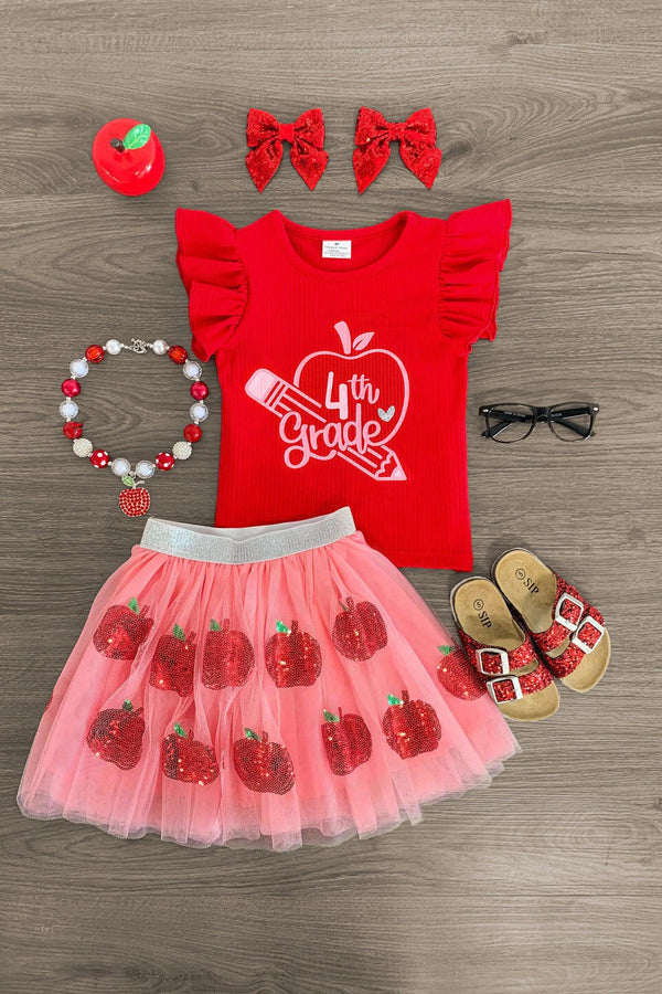 "Pre-K - 4th Grade" Pink Apple Tutu Skirt Set - Sparkle in Pink