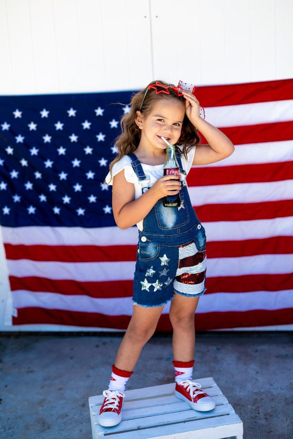 Stars & Stripes Sequin Denim Overalls | Sparkle in Pink