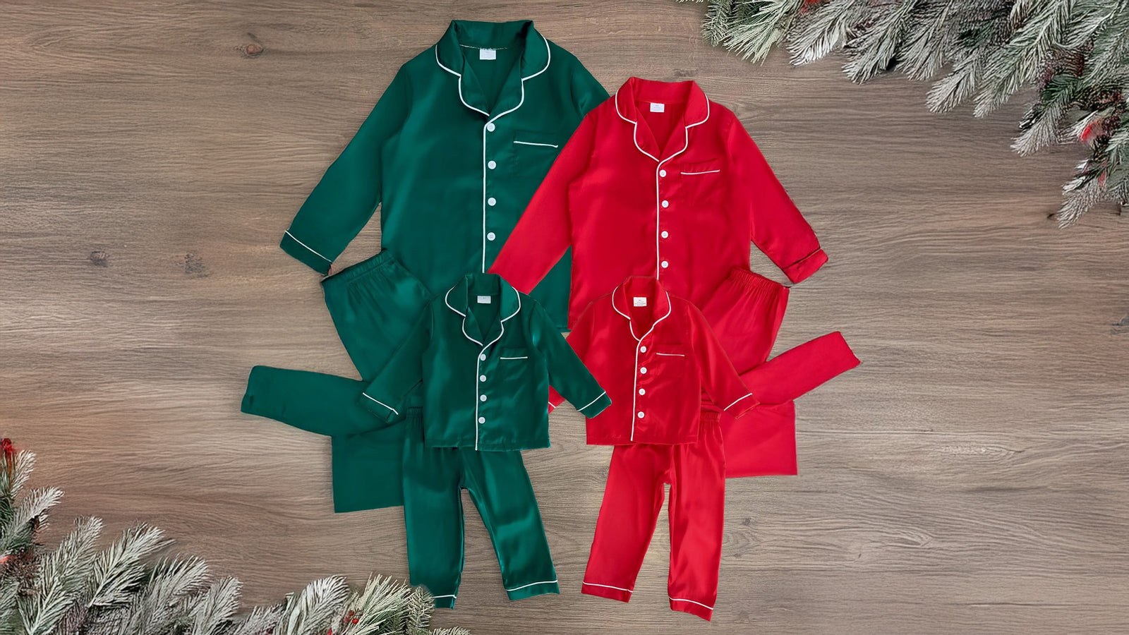 Matching family pajama set with a festive red design for mom and daughter, and green for dad and son. Each pajama set includes a long sleeve, collared button-up shirt with white accents and matching pants, crafted from soft, cozy silk fabric for all-night comfort. Perfect for holiday family photos or relaxing movie nights together, this set adds a festive touch to family moments.