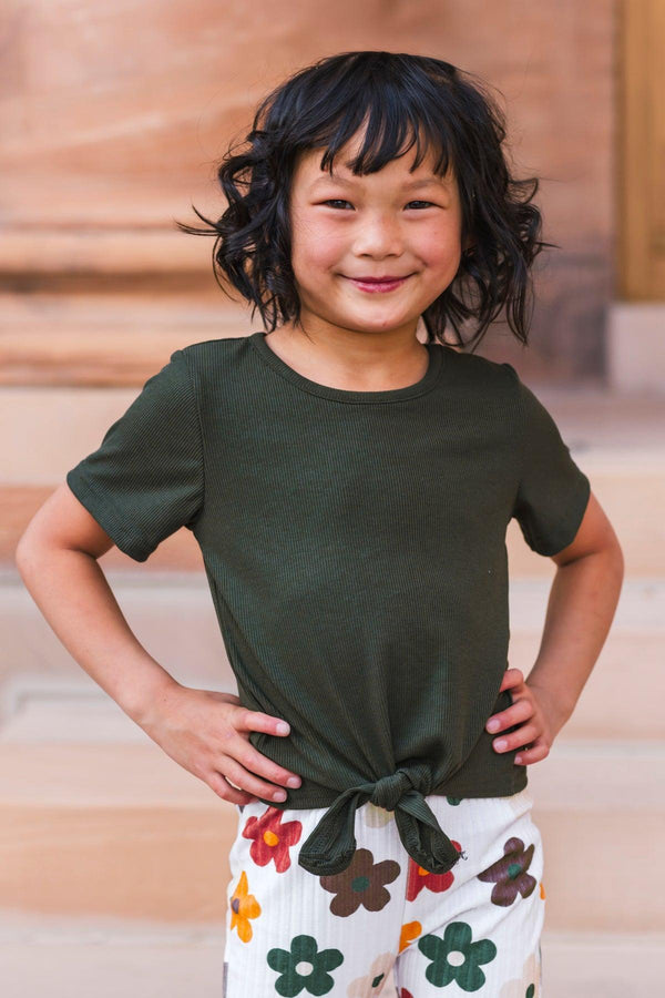 Olive Green Ribbed Flower Bell Bottom Set